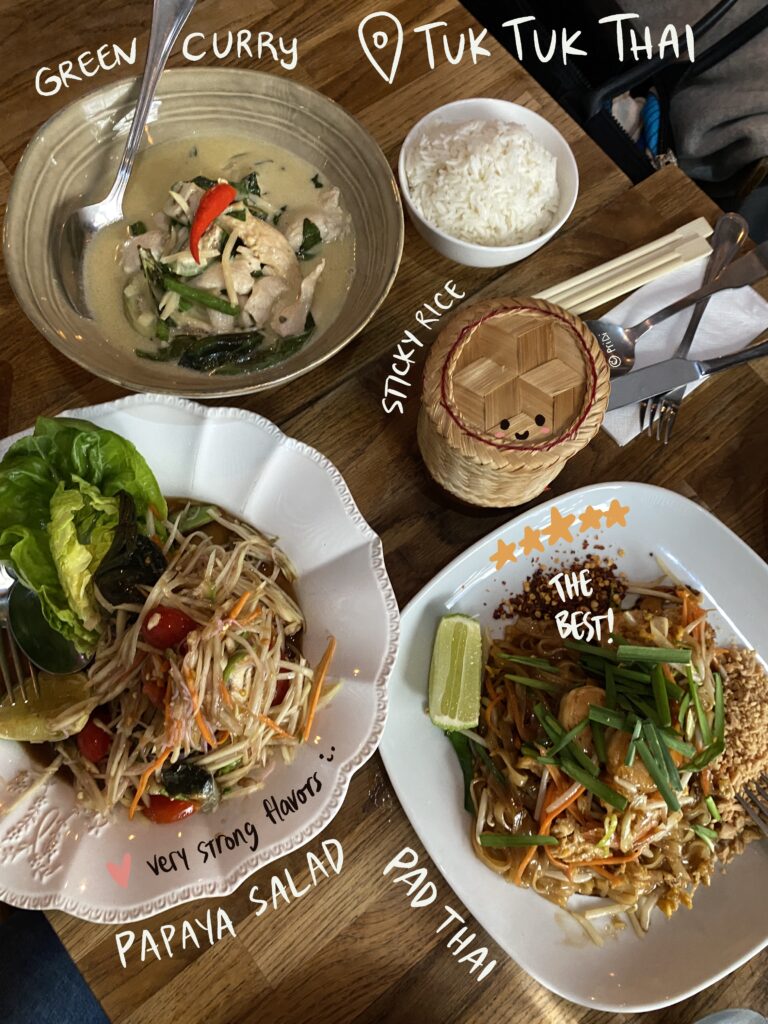 Pad thai, green curry, and papaya salad (from the secret menu) at Tuk Tuk Thai, Paris