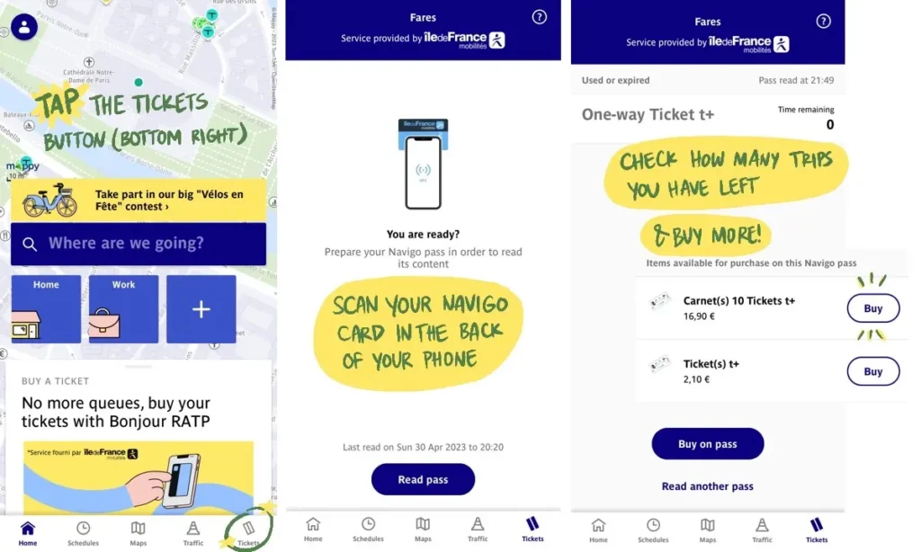screenshots of Bonjour RATP application on mobile phone, and instructions to recharge Navigo card