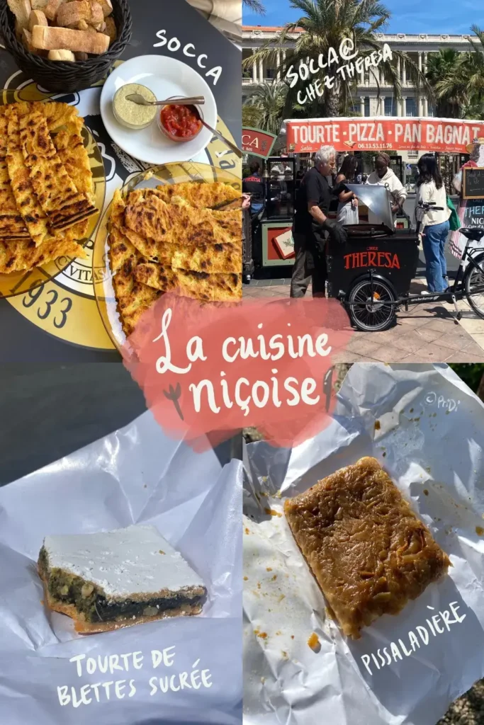 picture of food in Nice showing socca, tourte de blettes sucrée, and pissaladière