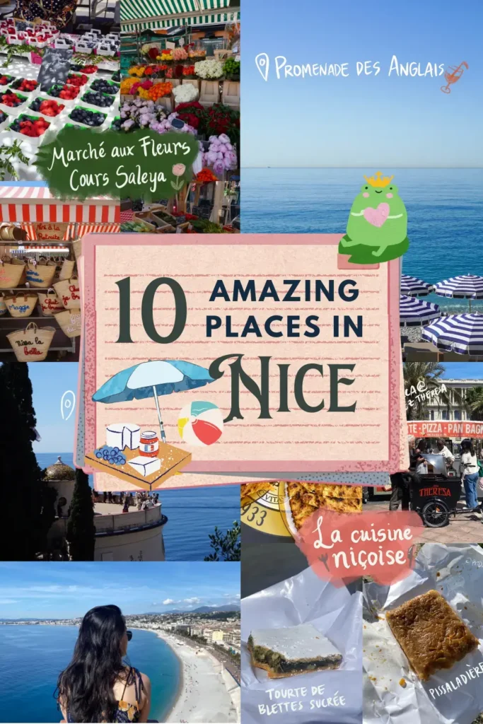 10 Amazing Places to Visit in Nice, showing Marche aux fleurs. Promenade des Anglais, and the food