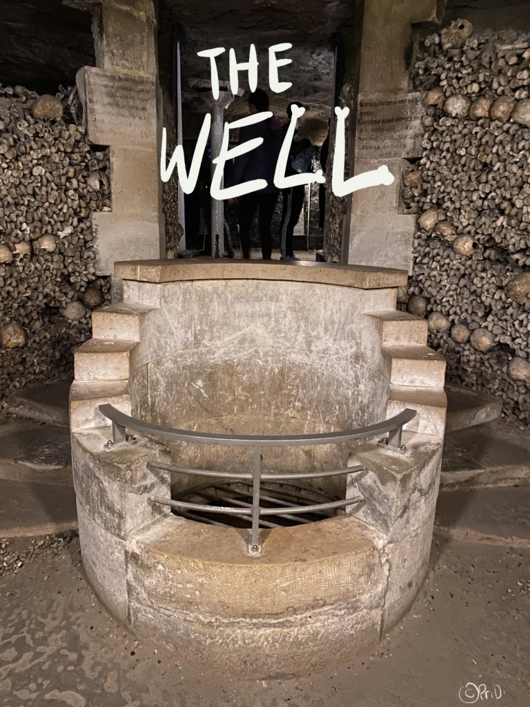 Well with grates surrounded by bones and skulls at the Catacombs