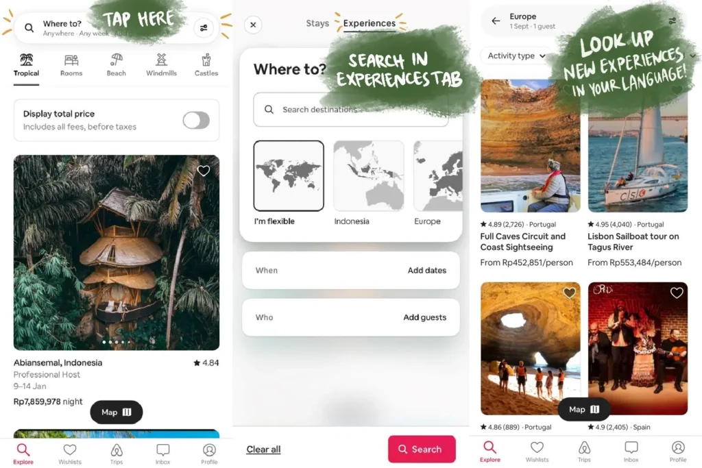 Airbnb Experience user interface, showing how to access the Experiences tab through Search bar