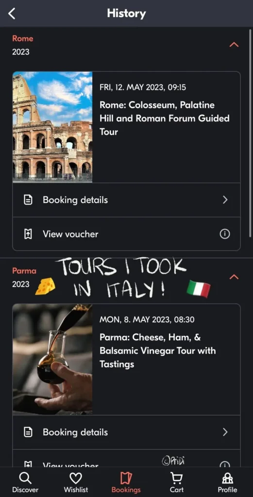 Get Your Guide app's user interface showing booking history of Colosseum and cheese tour in Italy