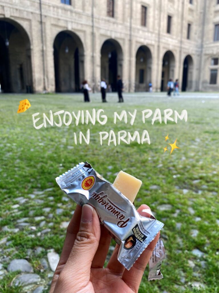 hand holding mini Parmigiano Reggiano cheese in Parma, Italy