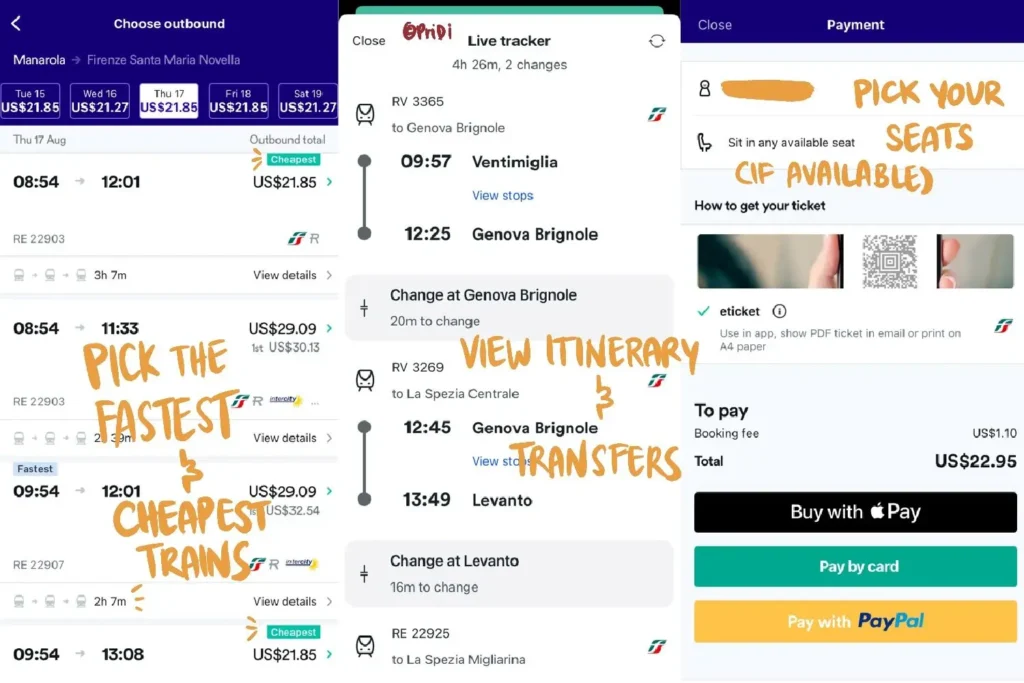 user interface of Trainline app, displaying available routes, itinerary with transfer times, and payment options