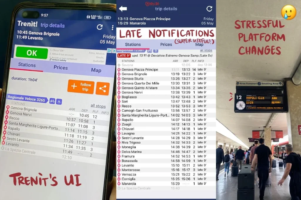 Trenit's user interface showing itinerary, platform numbers, and an actual Italian platform display