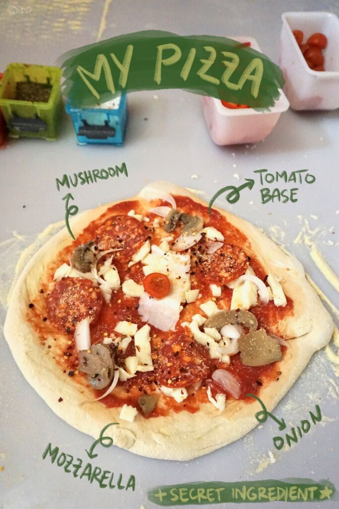 Pizza dough with tomato sauce, mushroom, pepperoni, onion, and mozzarella as toppings