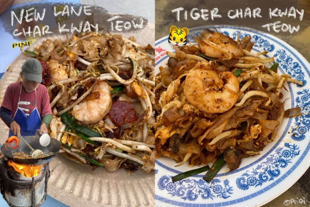 plate of fried rice noodle, shrimp, and bean sprouts and the hawker vendor who sells them