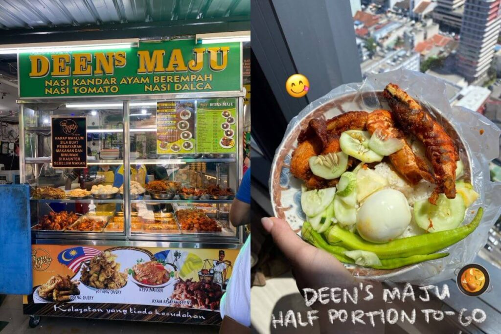 Display of Deen's Maju nasi kandar with various dishes, a plate of nasi kandar with shrimp, chicken, okra, and egg