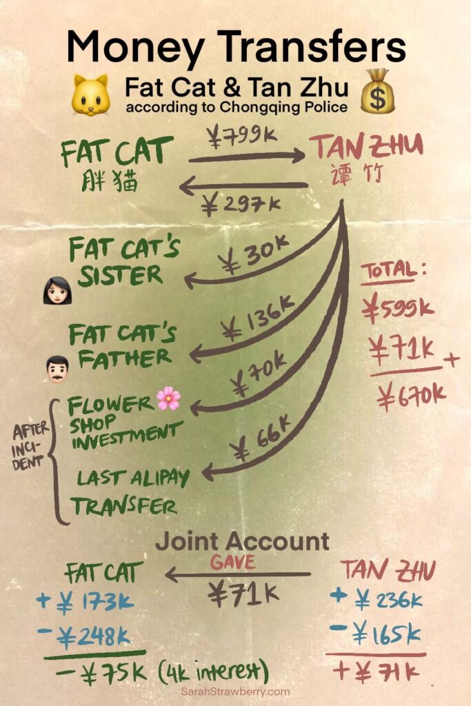 Details on how much money is transferred between Fat Cat and Tan Zhu