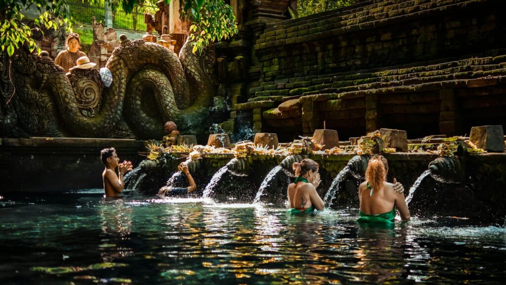 Tirta Empul Temple in Bali, holy water purification ritual shower melukat