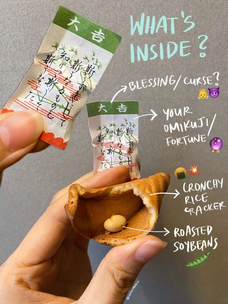 The inside of a traditional fortune cookie in Japan with a fortune telling slip in the Japanese language