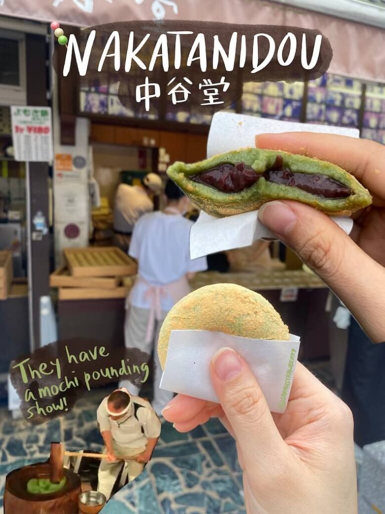 hand holding fresh red bean mugwort mochi in front of rice cake store