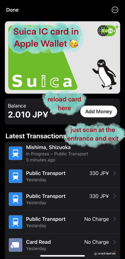 Apple wallet displaying virtual Suica card