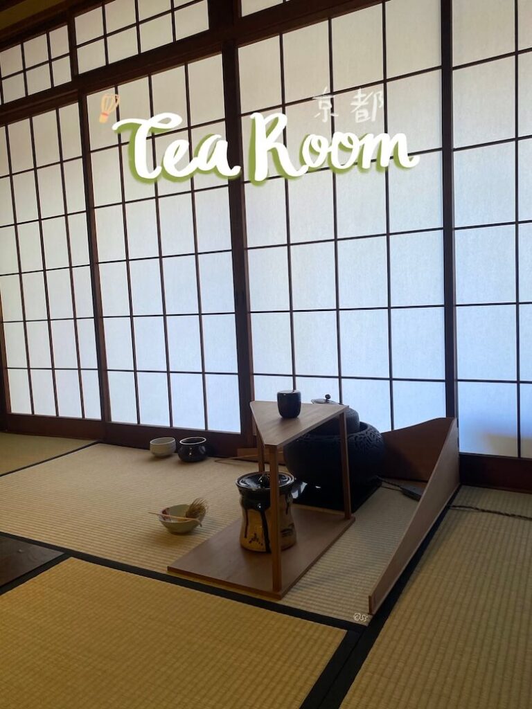 Tea hearth to boil water, tea utensils (whisk, scoop, bowl), water container in a tea room with straw tatami mats