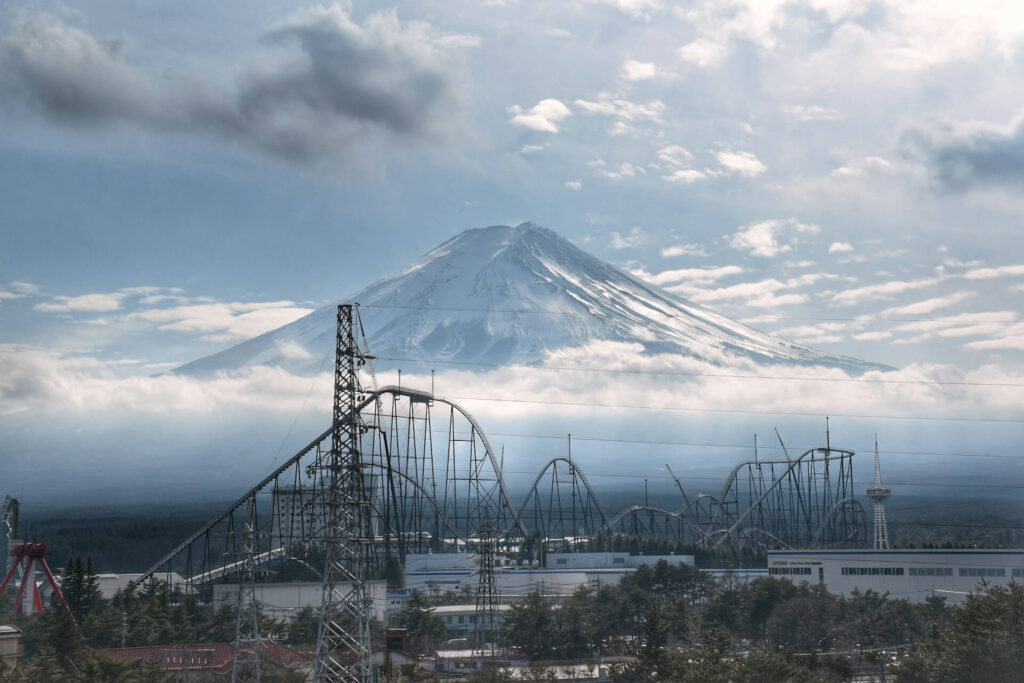 Fuji Q Highland theme park, with the background of the great Mount Fuji