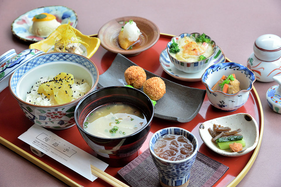 Set meal from Japan, containing sweet potatoes from Kawagoe